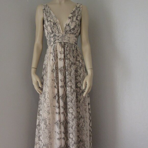 H&M Cream & Gray Chiffon Sleeveless Evening Maxi V-Neck Back Zip Dress - Picture 1 of 5